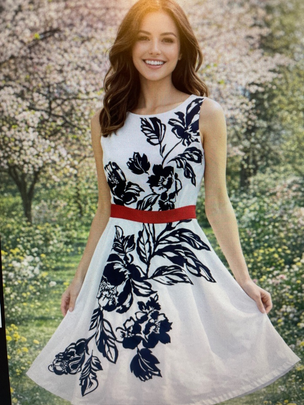 Navy Floral Fit‑and‑Flare Dress – Red Waist Accent, Elegant Summer Garden Party
